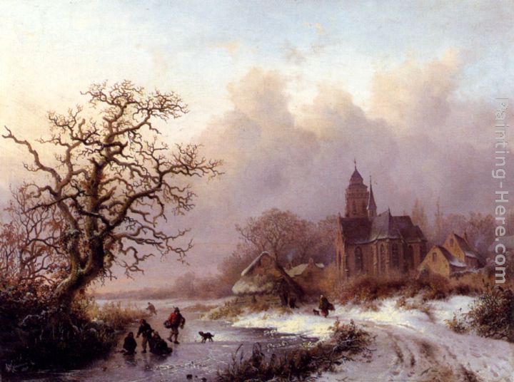 A Frozen Winter Landscape painting - Frederik Marianus Kruseman A Frozen Winter Landscape art painting